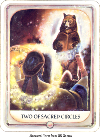 Two of pentacles from the Ancestral Tarot. picture of an indian with his energy interlocked to a bear by a lemniscape.